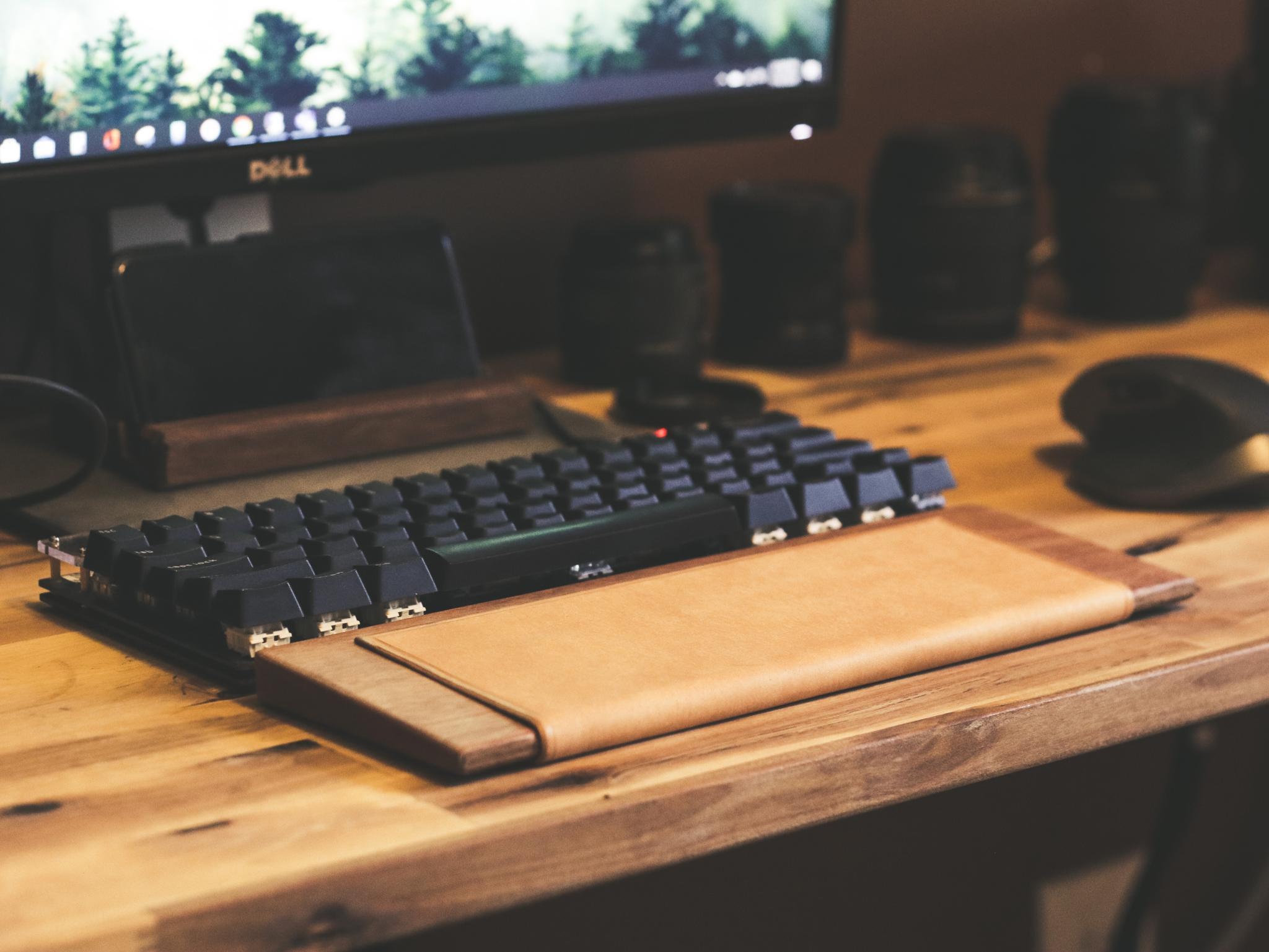 Bespoke Leather and Wood Wrist Rest (IC) - Deskmat & Accessories interest check cover image featuring bespoke, leather, wood, wrist rest, mechanical keyboard, customization, handmade, craftsmanship, exotic hardwoods, Italian leather