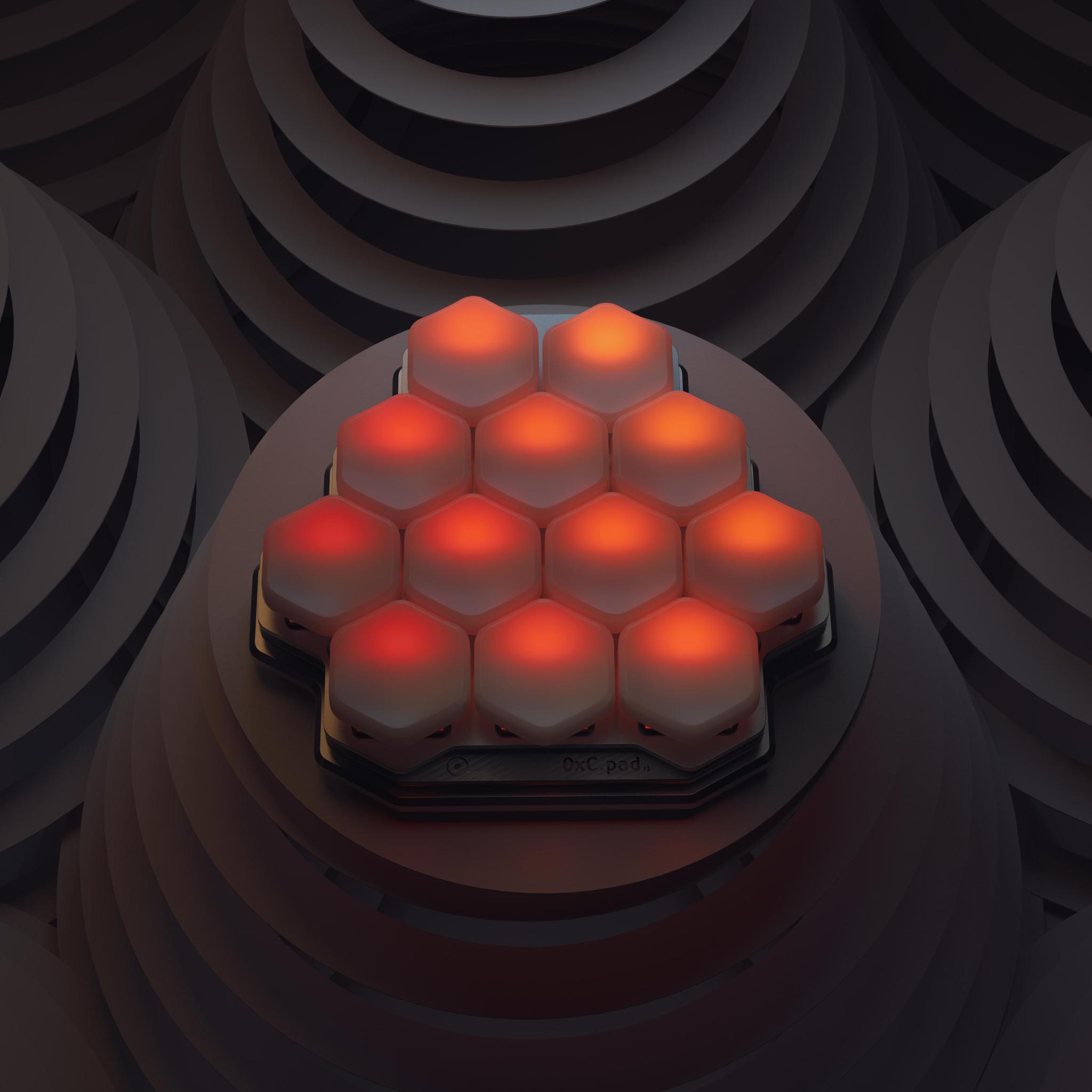 0xC.pad Hex Macropad (IC) - Keyboard interest check cover image featuring 0xC.pad, hex macropad, hexagonal keycaps, 0xPROJECT, HEX profile, RGB backlighting, ATMega32U2 MCU, Kailh Choc switches, QMK support, PCB design