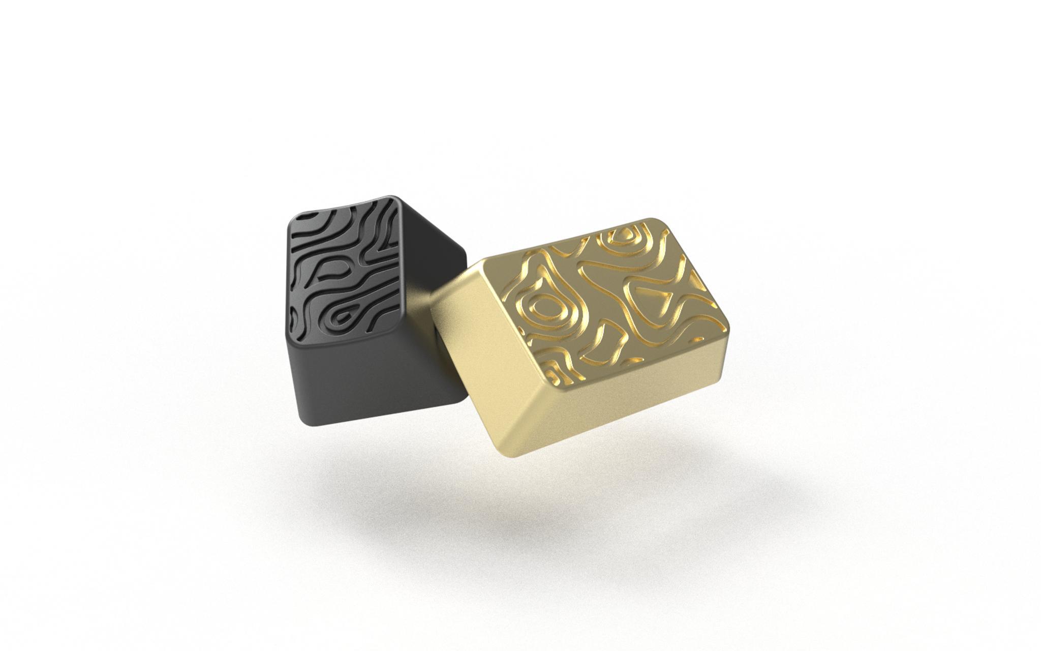 Brass and Aluminum Topographic Novelties - Uncategorized group buy cover image featuring keycaps, brass, aluminum, topographic, Cherry profile, group buy, mx style stem, bead-blasted, anodized