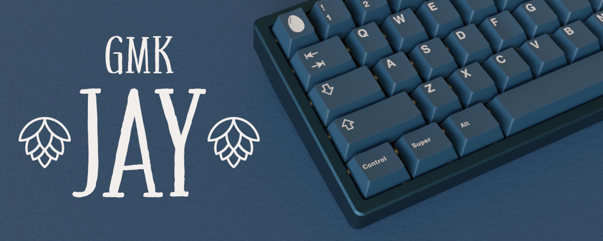GMK Jay (IC) - Keycap interest check cover image featuring GMK Jay, keyboard set, novelty designs, blue feathers, jays, conifers, pine trees, Hatchlings kit, Twigs kit, base kit, custom keyboards