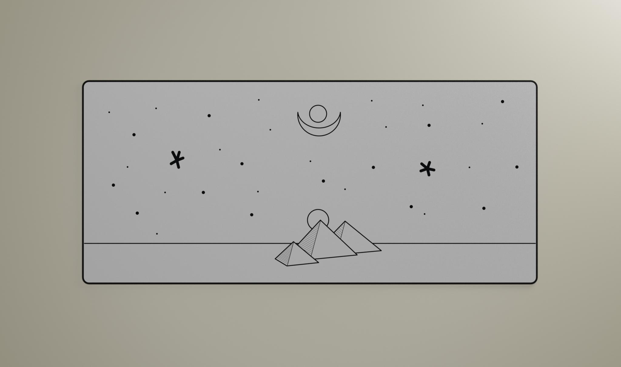 Egyptian Minimalist Deskmat (IC) - Deskmats & Accessories interest check cover image featuring Egyptian, minimalist, deskmat, monochrome, design, keyboards, crescent, sun symbol, day/night concept
