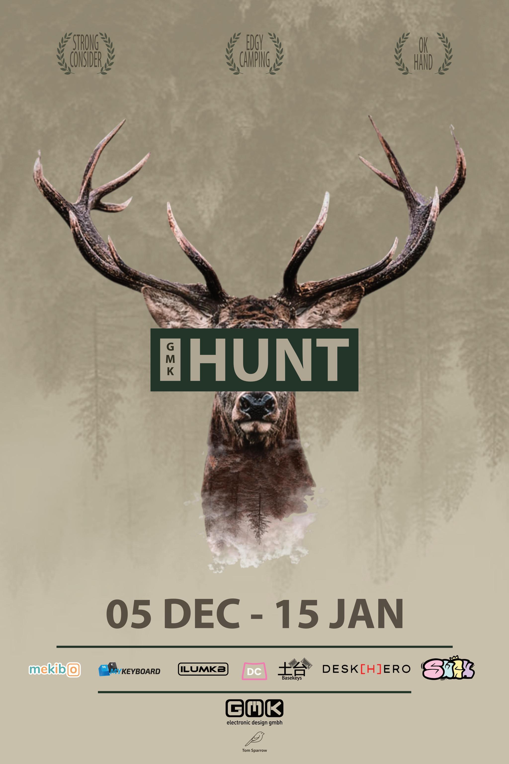 GMK Hunt (IC) - Keycap interest check cover image featuring GMK Hunt, keycap set, Ral colors, GMK color, hobby, firs, muddy grounds, pebble, feedback, community
