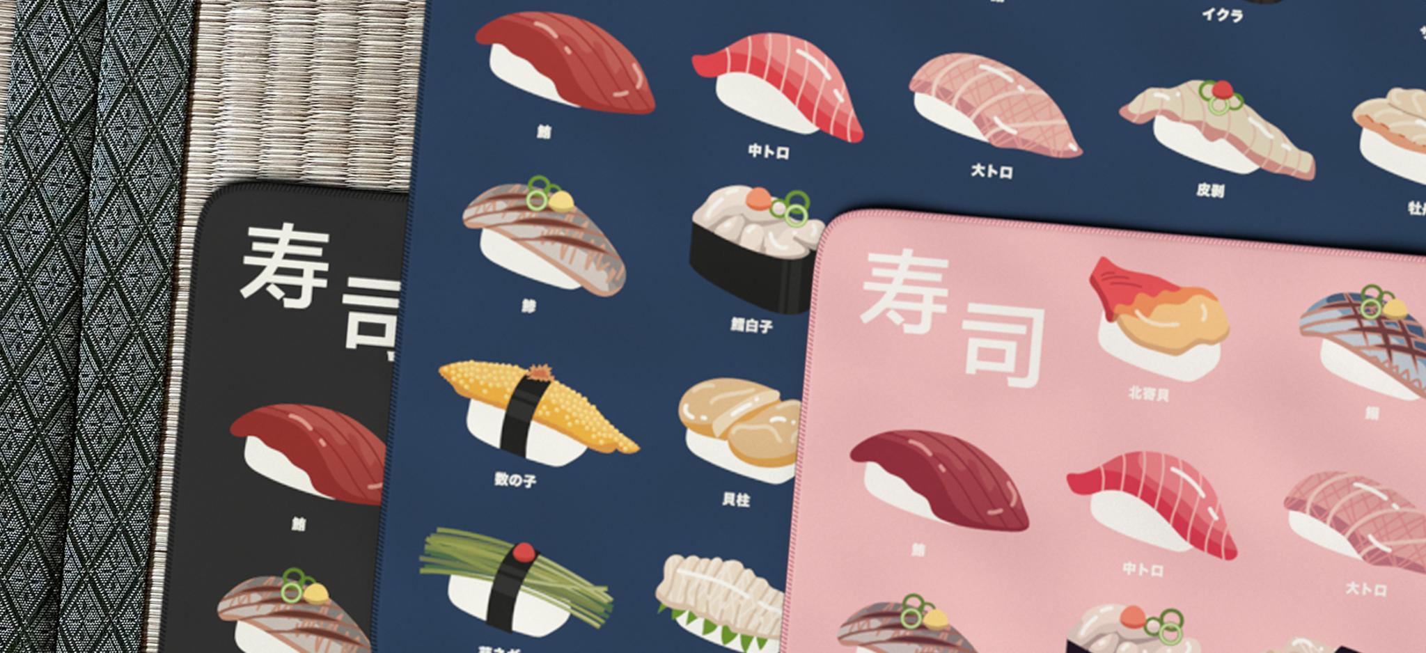 Sushi Menu Desk Mat (IC) - Deskmats & Accessories interest check cover image featuring sushi menu, desk mat, group buy, keyboard community, professional illustrator, creative design