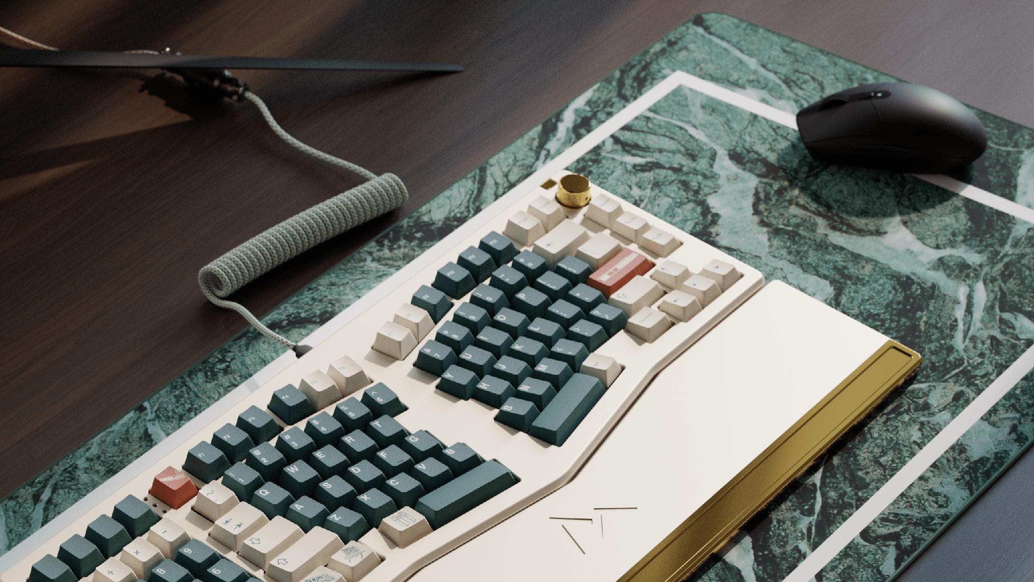 Mountain Alice (IC) - Keyboard interest check cover image featuring Mountain Alice, southpaw 1800, mechanical keyboard, anodized aluminum, VIA/QMK compatible, keyboard design, PCB, wrist rest, typing angle, USB-C port, rotary encoder