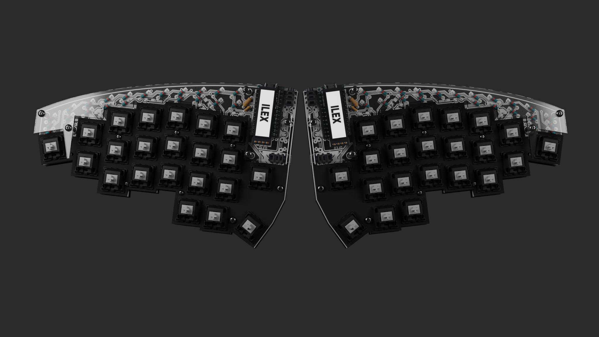 Ilex - Split Ergo (IC) - Keyboard interest check cover image featuring Ilex, split keyboard, ergo keyboard, rotary encoders, OLED display, TRRS jacks, Kailh Hotswap, QMK firmware