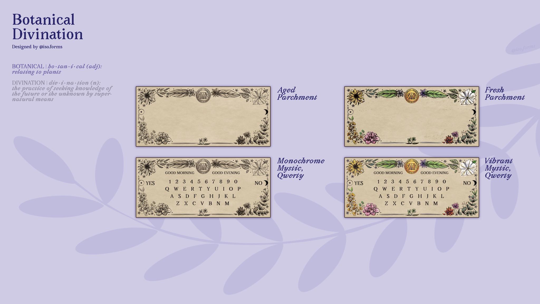 Botanical Divination Deskmat (IC) - Deskmats & Accessories interest check cover image featuring deskmat, botanical divination, floral design, mechanical keyboards, stationery, QWERTY, COLEMAK, DVORAK, interest check