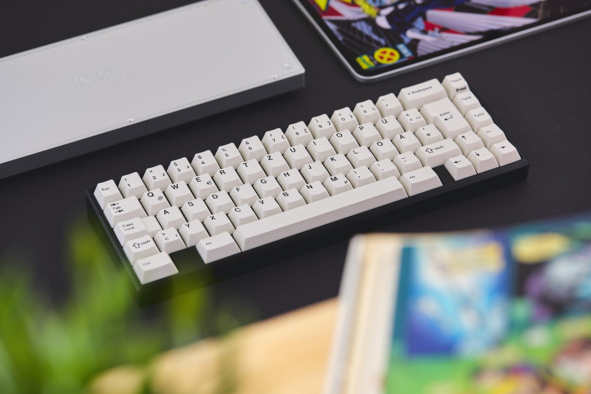 Angel 65% Keyboard - Keyboard group buy cover image featuring Angel 65%, keyboard, pin-mount, group buy, custom PCB, QMK, vendors, hotswap PCB, polypropylene plate, aluminum case, keyboard enthusiasts