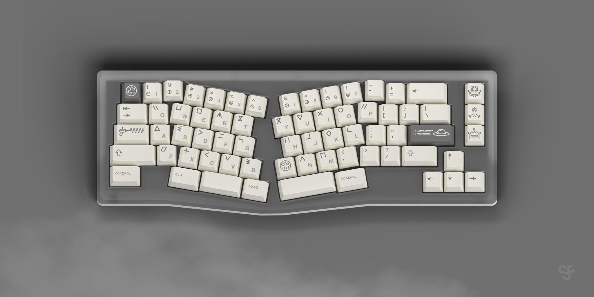 Geekark Selenites (IC) - Keycap interest check cover image featuring Geekark, Selenites, keycap set, hangul, katakana, dye-sub, keycaps, Japanese sublegends, Holyoops, artisan keycap, 3D-metal, UFO, spinnable, lights