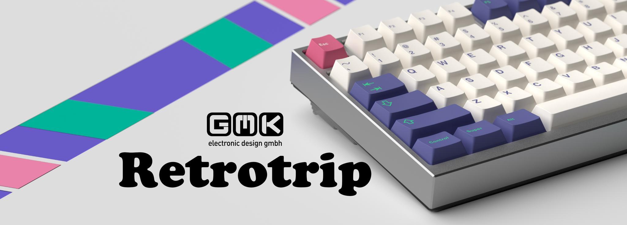 GMK Retrotrip - Keycap interest check cover image featuring GMK Retrotrip, 80s colors, keycap set, vibrant, neons, pastels, ski wear, fashion, keyboard, design