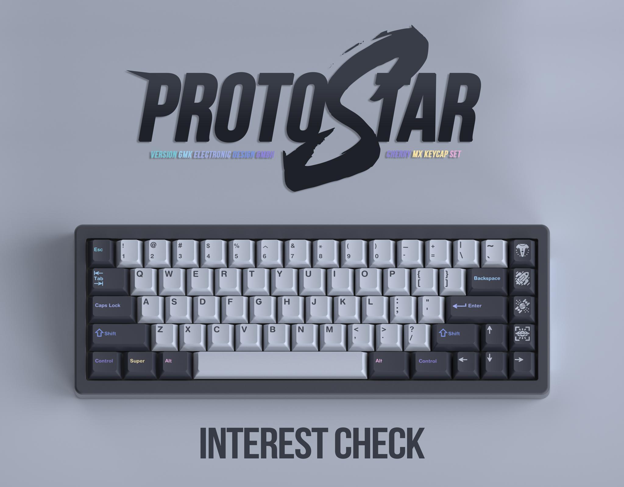 GMK Protostar (IC) - Keycap interest check cover image featuring GMK Protostar, Janglad, mech community, Astral Light, Starslayer Base Kit, Warpspeed Overdrive Kit, keyboard design