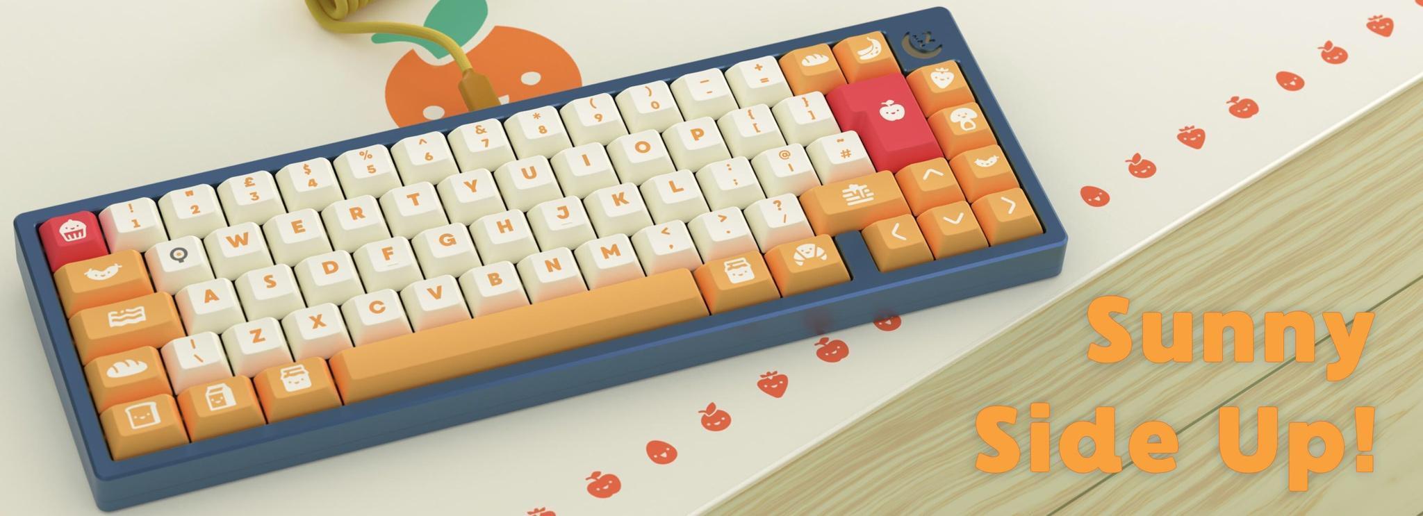 DSA Sunny Side Up Keycaps (IC) - Keycap interest check cover image featuring keyboard, keycaps, DSA profile, KeebsForAll, novelty legends, Nhils, breakfast theme, Pantone colors, affordable, beginner friendly, deskmat, collaboration, IC form, prototypes