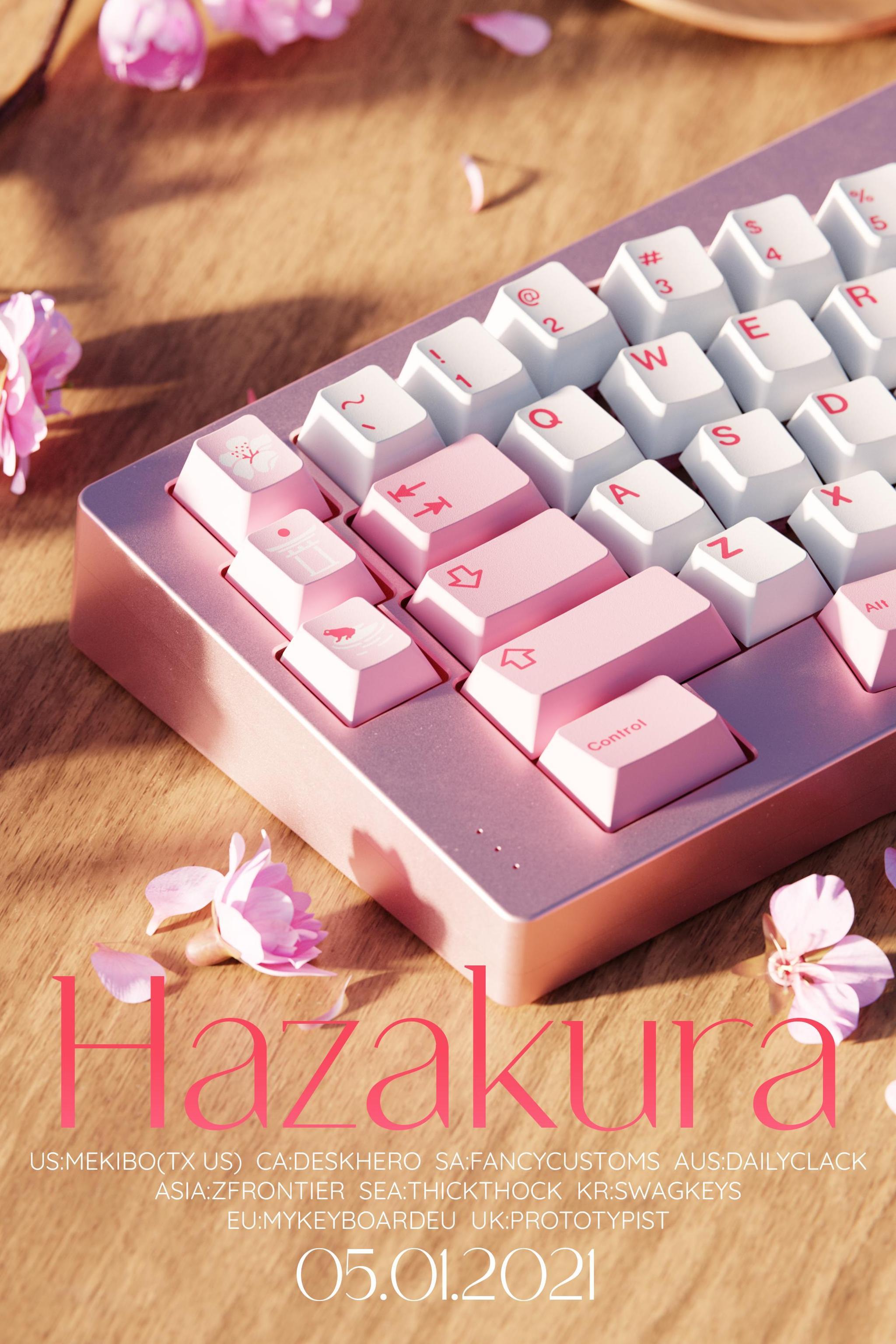 GMK Hazakura (IC) - Keycap interest check cover image featuring GMK Hazakura, group buy, keycaps, Hiragana, Latin, novelties, vendors, collaboration, deskmat, RAMA