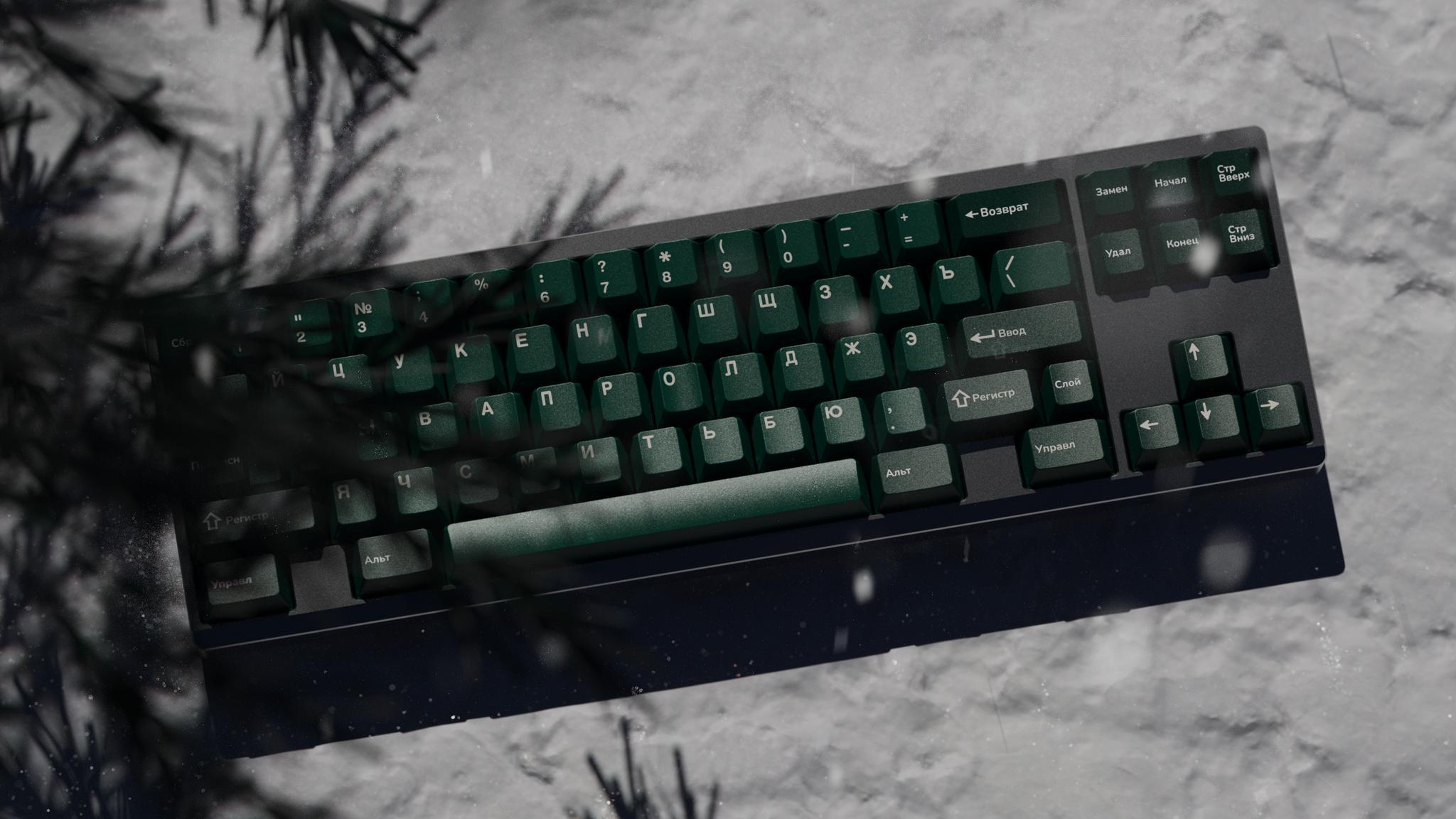 GMK Taiga (IC) - Keycap interest check cover image featuring GMK Taiga, Siberia forests, keycap set, group buy, keyboard, Cyrillic modifiers, RAL colors, HIBI collaboration