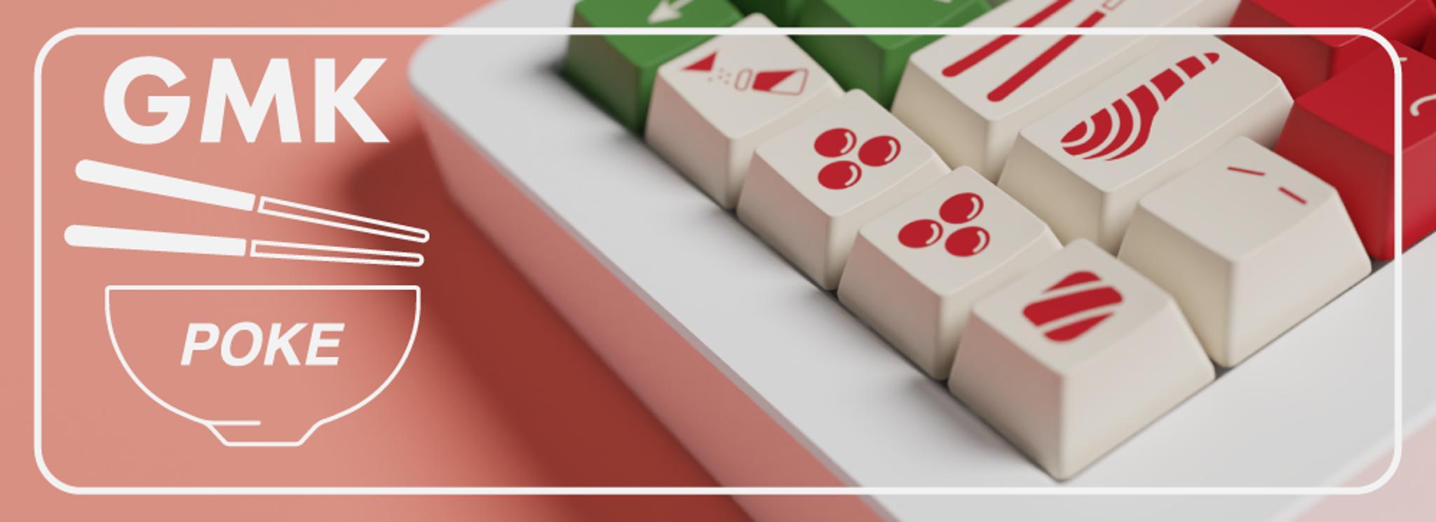 GMK Poke (IC) - Keycap interest check cover image featuring poke, Hawaiian dish, raw fish, GMK keycaps, Pantone colors, keyboard layouts, novelty keys