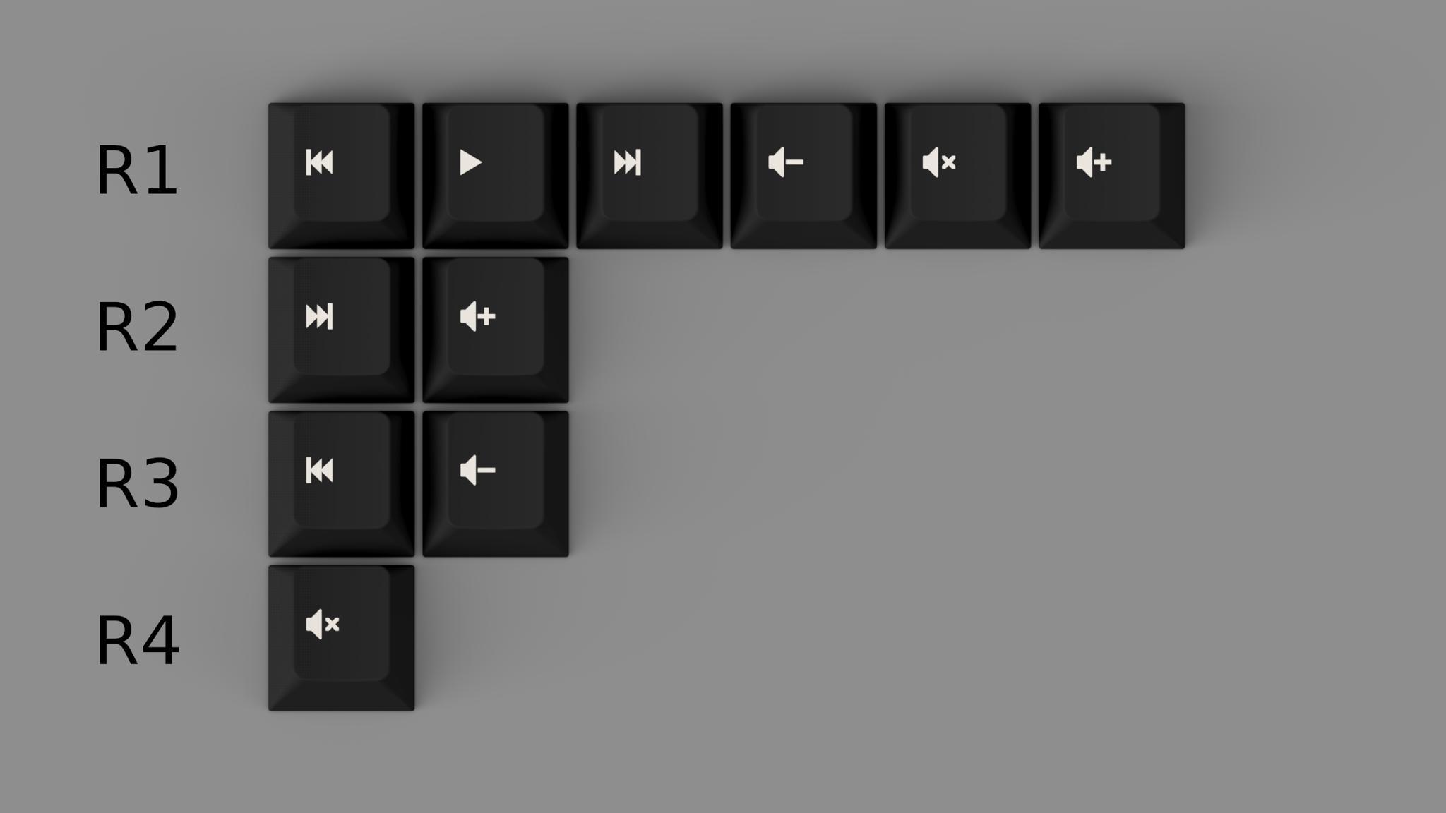 GMK Media Keys (IC) - Keycap interest check cover image featuring GMK, Media Keys, White on Black, Minimal, Keyset Extension, Banshee, Bean Sídhe