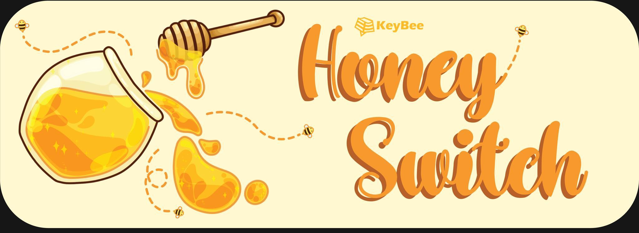 Honey Switches (IC) - Switch interest check cover image featuring Honey Switches, group buy, linear switch, Tecsee, transparent amber PC, UPE, PA66, thocky long-pole stem, 62g double gold springs, keyboard switch, KeyBee, Alexotos, Minerva build