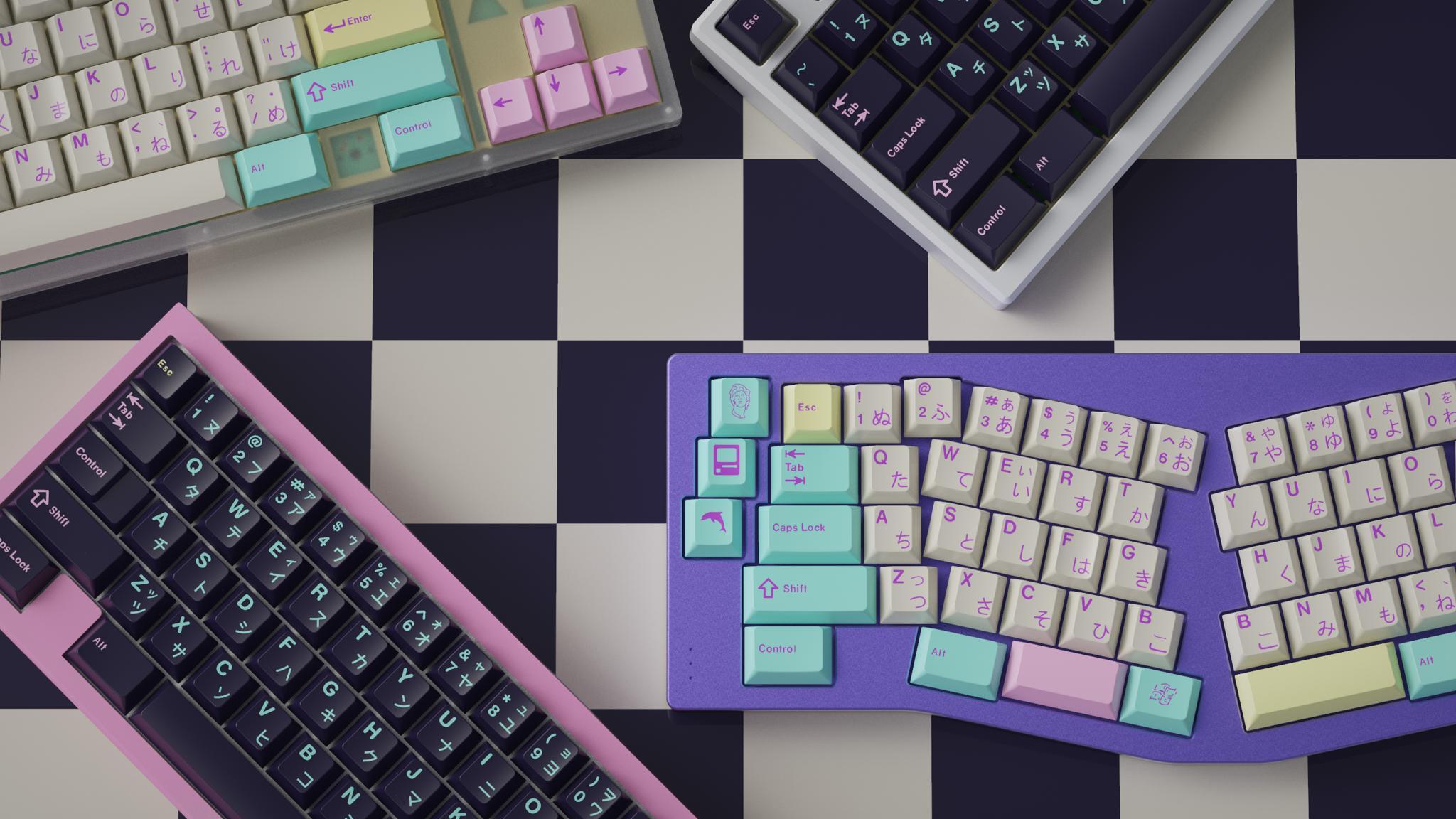 GMK Analog Dreams 2 (IC) - Keycap interest check cover image featuring vaporwave, keyset, GMK, Analog Dreams, Digital Nightmares, Katakana, Hiragana, synthwave, deskmats, modular, keyboard accessories