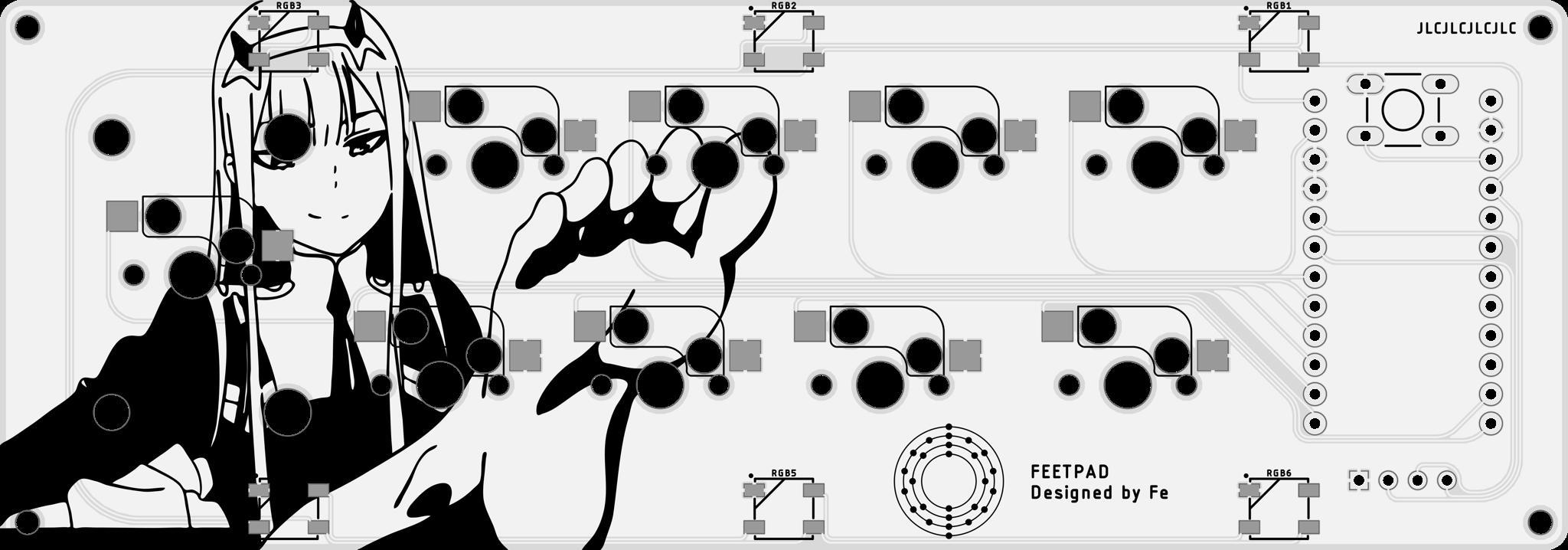 FEETPAD (IC) - Keyboard interest check cover image featuring FEETPAD, DIY kit, hotswap, RGB underglow, OLED animation, soldering, Zero Two art, custom keyboard, Pro Micro, PCB, ISO enter