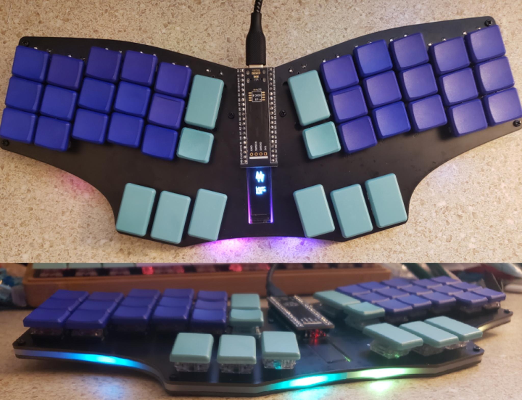 RedBeard4X (IC) - Keyboard interest check cover image featuring RedBeard4X, ergonomic board, DIY kit, Black Pill, sandwich case, FR4, acrylic, prototype, 64x128 OLED, QWERTY, stenography, MX switches, Choc switches, low-profile, Sillyworld
