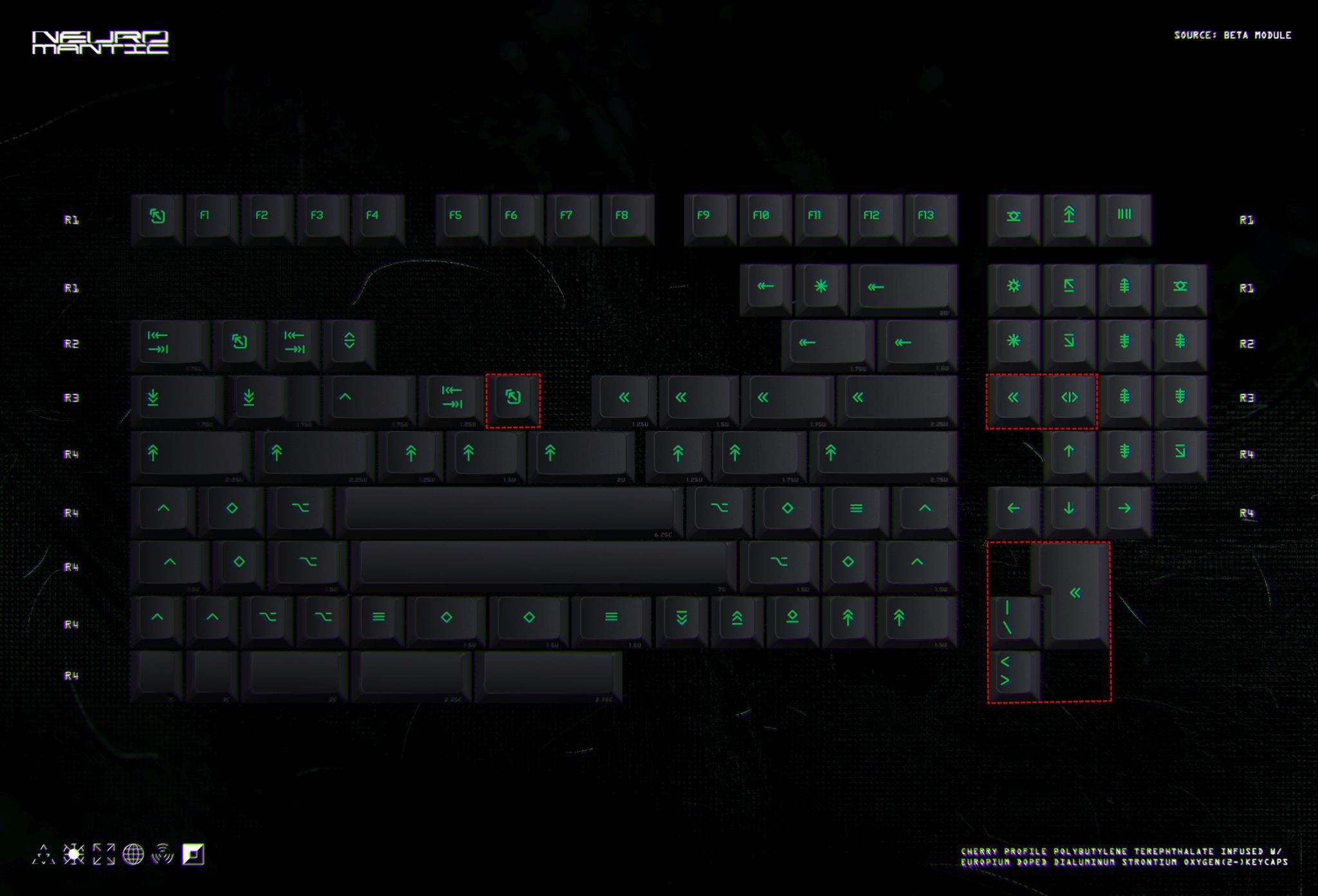 PBT Neuromantic (IC) - Keycap interest check cover image featuring PBT Neuromantic, Glow in the Dark, keycap set, Cherry profile, cyberpunk, Ulliam, alphas, modifiers, Megacorp kit, languages, strontium glow
