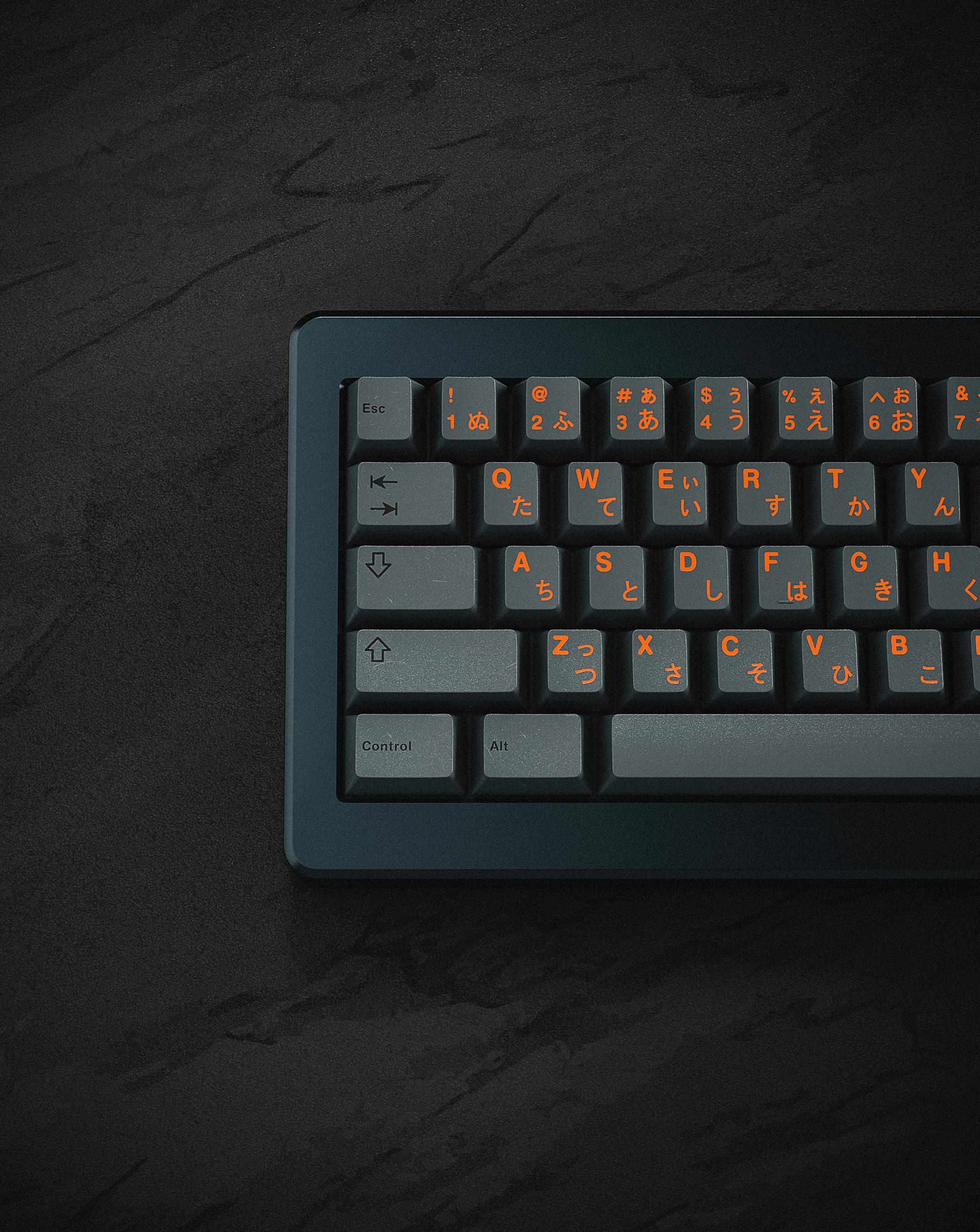 GMK Cinder (IC) - Keycap interest check cover image featuring GMK Cinder, group buy, keycaps, charred wood, volcanic rock, embers, orange alphas, grey base, dark grey modifiers, Mechs & Co., Ashkeebs, MyKeyboard, Proto[Typist], zFrontier, ZionStudios, FancyCustoms, DailyClack