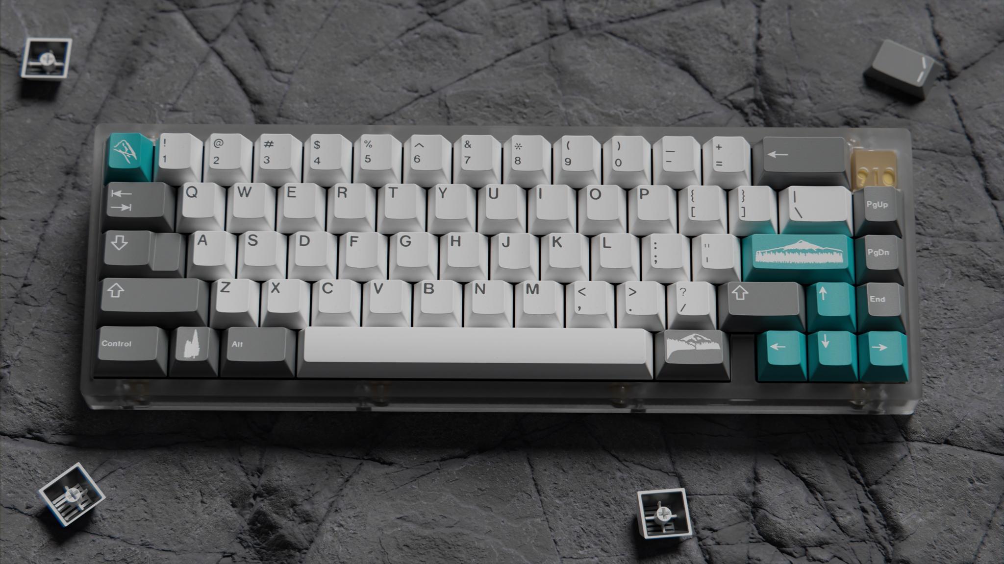 GMK Cascadia (IC) - Keycap interest check cover image featuring GMK Cascadia, Cascade Mountains, winter-themed, keyboard set, GMK stock colors, keycaps, Base Kit, Spacebars Kit, Novelties Kit, affordable keyset, TGR 910, TGR Alice, Alpine 65, Rama Works U80