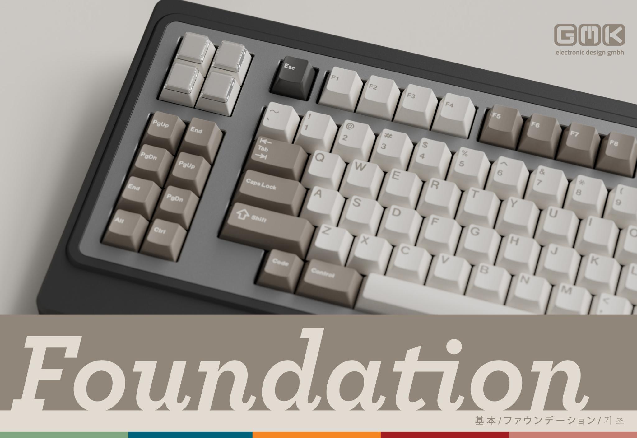 GMK Foundation (GB) - Keycap group buy cover image featuring GMK Foundation, mechanical keyboards, GB, relegendables, novelties, deskmat, collaboration, mechanical keyboard community, HungHingdaiLo, Swishy