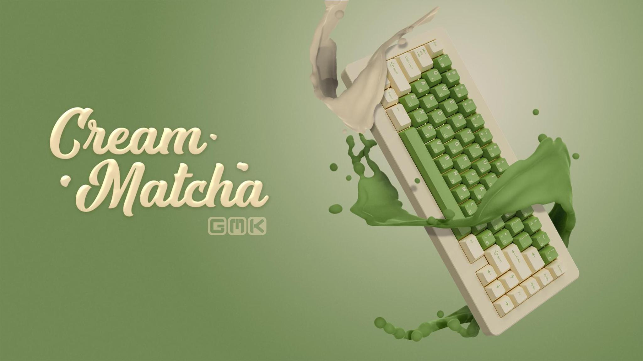 GMK Cream Matcha (IC) - Keycap interest check cover image featuring GMK keycaps, Cream Matcha, matcha latte, Pantone colors, hiragana sublegends, keycap set, tactile switch