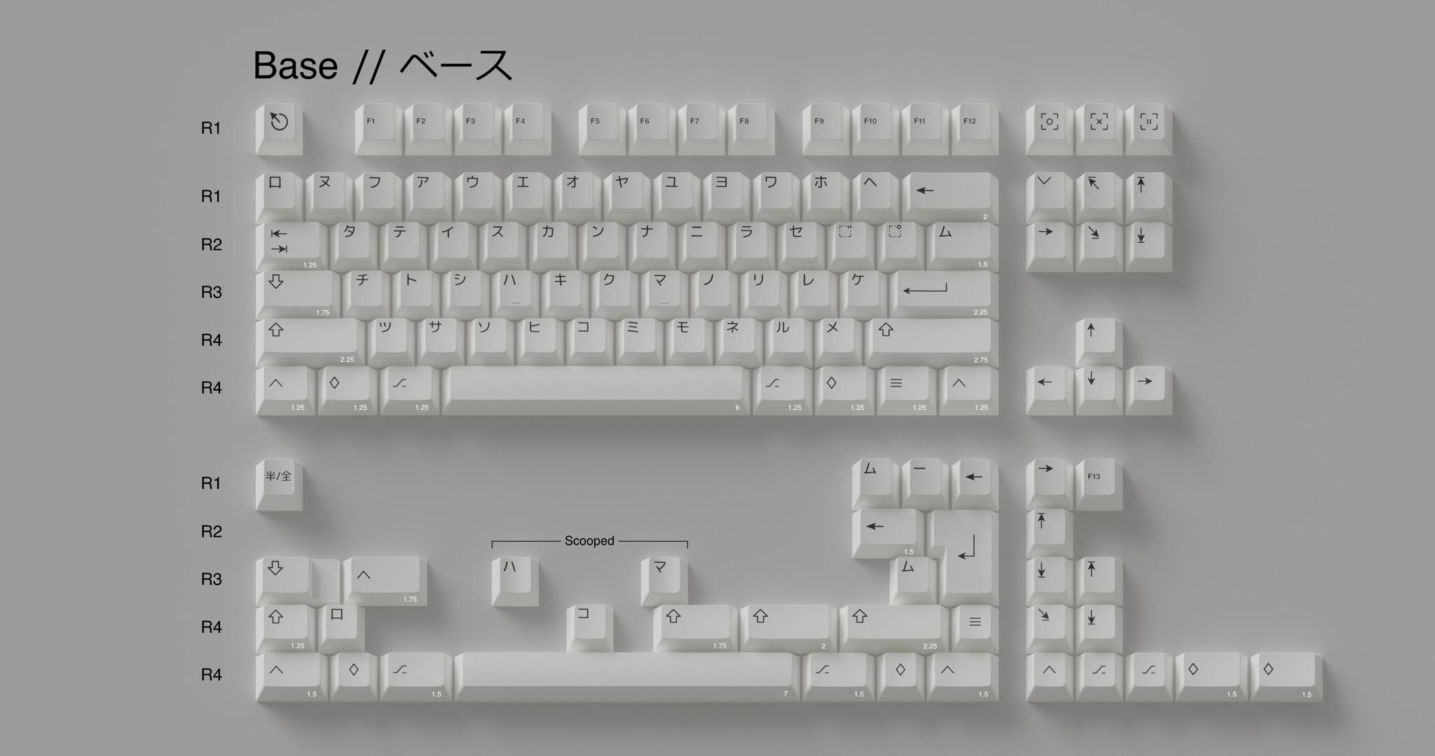 GMK Katakana BoW (IC) - Keycap interest check cover image featuring GMK Katakana, keycap set, Cherry Profile, BoW, navigation keys, render, IC form, custom molds, kitting