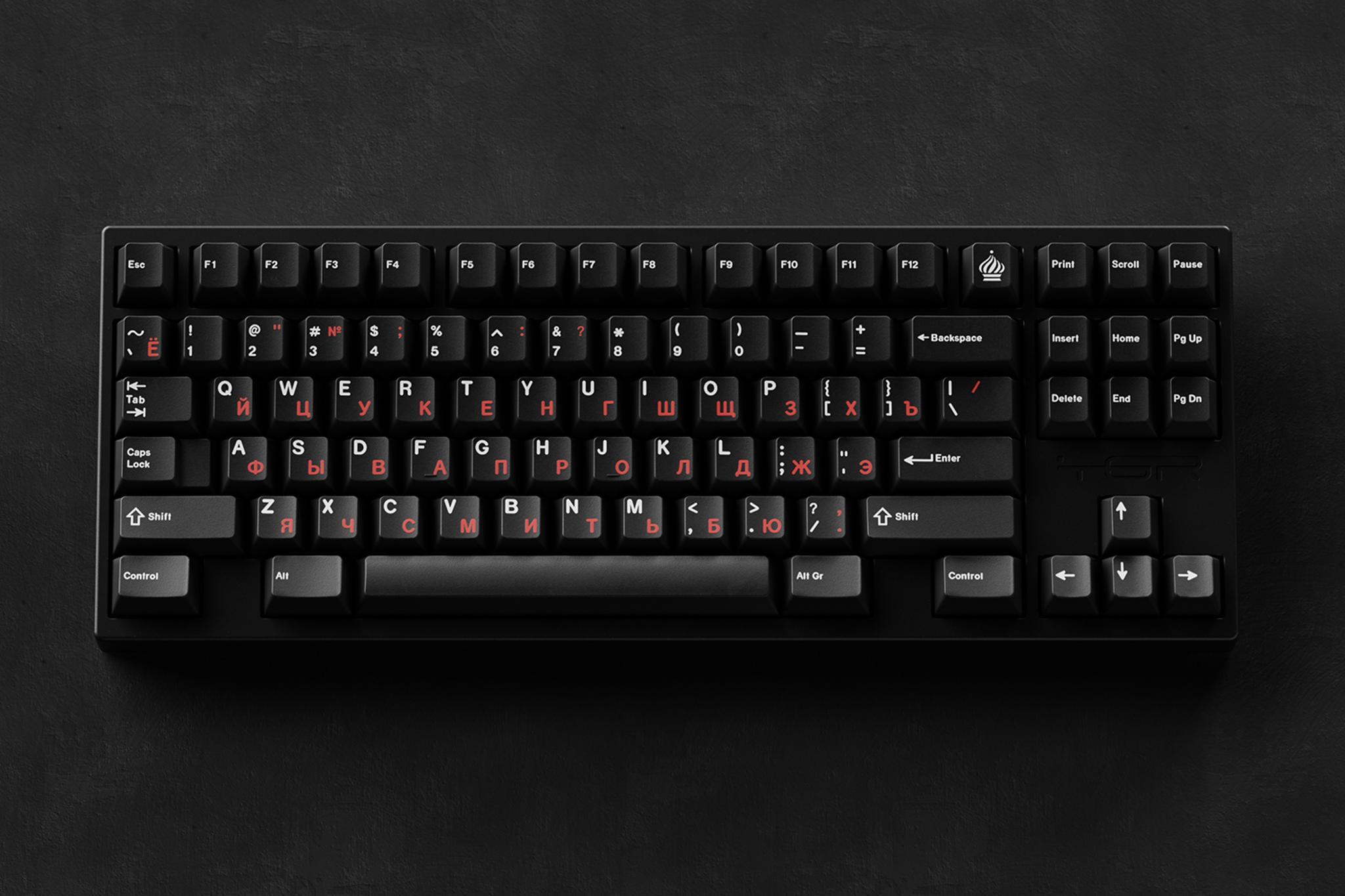 GMK WoB Red Cyrillic (IC) - Keycap interest check cover image featuring GMK, WoB, red Cyrillic, keyset, UV-printed, sublegends, Cyrillic legends, Cherry font, keyboard, group buy, vendors