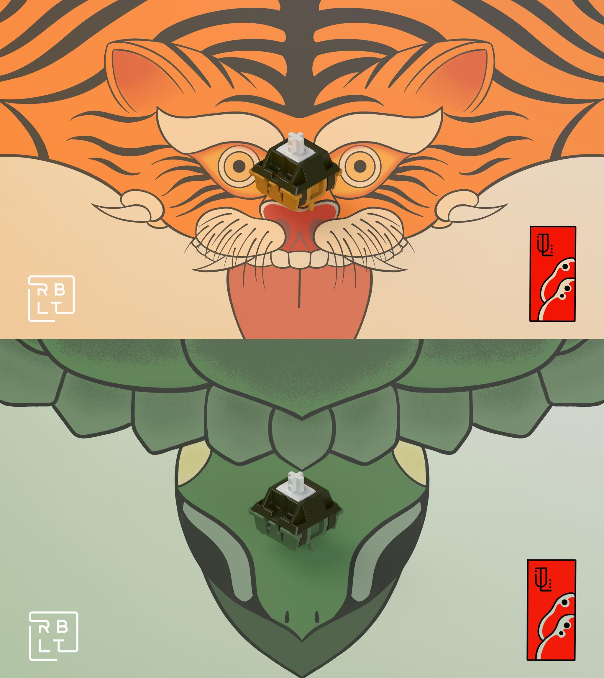 Harimau and Penyu Switch (GB) - Switches group buy cover image featuring Harimau switch, Penyu switch, frankenswitches, tactile, linear, Malayan Tiger, Marine Turtle, WWF Malaysia, biodegradable packaging, mechanical keyboard, IC revision