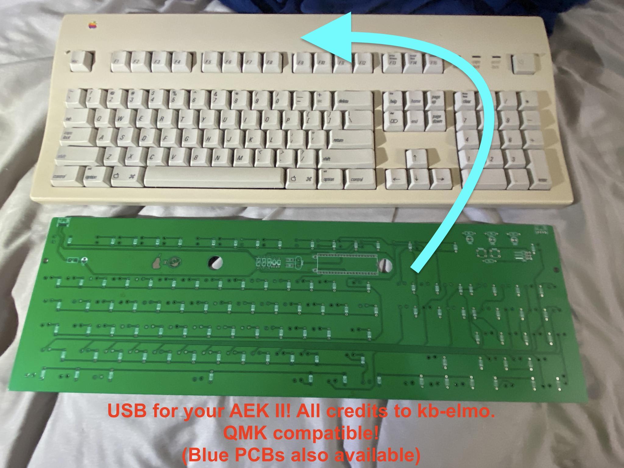 Elmo AEK II USB PCB - Others interest check cover image featuring Elmo, AEK II, USB PCB, QMK-compatible, production run, lead-free, RoHS compliant, JLCPCB, green PCBs, blue PCBs, drop-in replacement