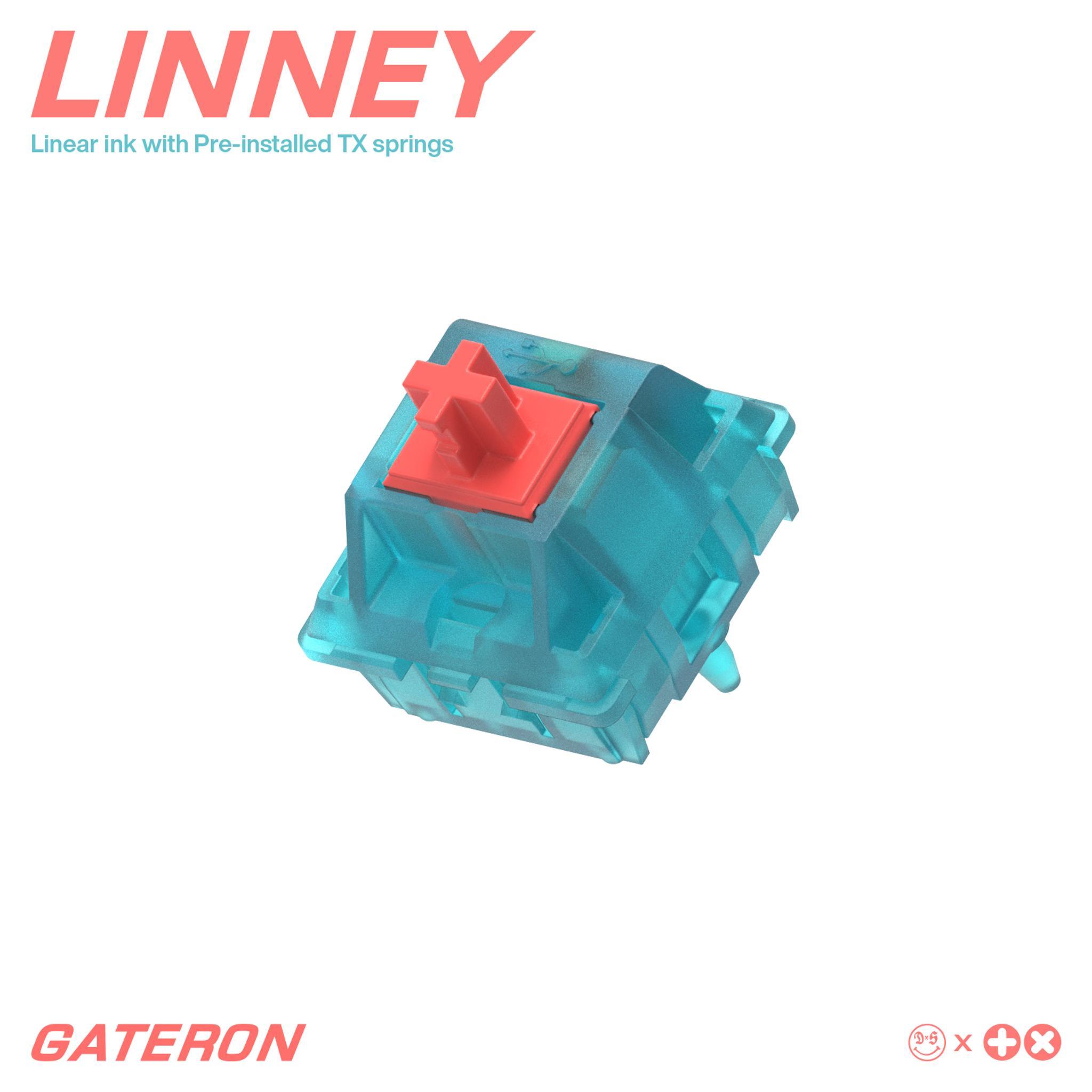 Linney Custom Gateron Inks (IC) - Switch interest check cover image featuring Linney, custom Gateron Inks, TX springs, Lindy cable, transparent blue, red stem, Pom stem, tactile switches