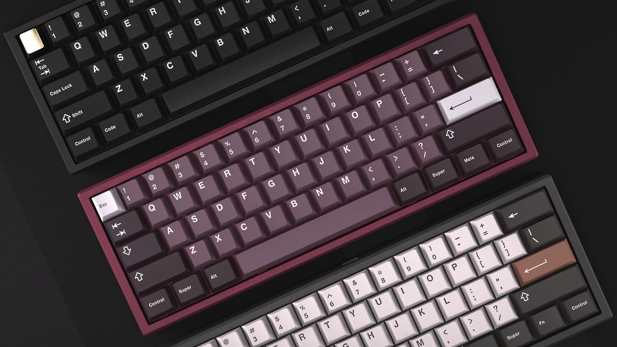 Novus 60 (GB) - Keyboard group buy cover image featuring Novus 60, group buy, keyboard, Mechs & Co, aluminum, PCB, QMK, VIA, customization, top mount, typing angle, Plum, Jet Black, Dark Grey