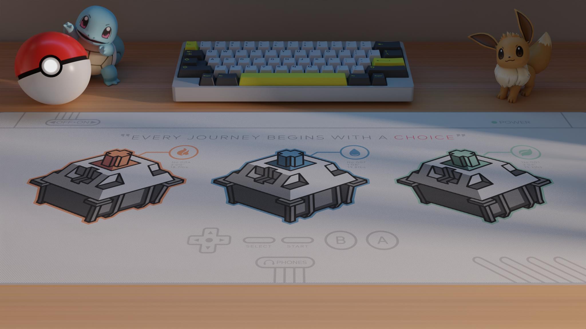 Journey Deskmat (GB) - Deskmats & Accessories group buy cover image featuring Journey Deskmat, Gameboy, Pokemon, Switchlab, Kulermats, mechanical switches, 8bit era, video games, deskmats, Light theme, Dark theme