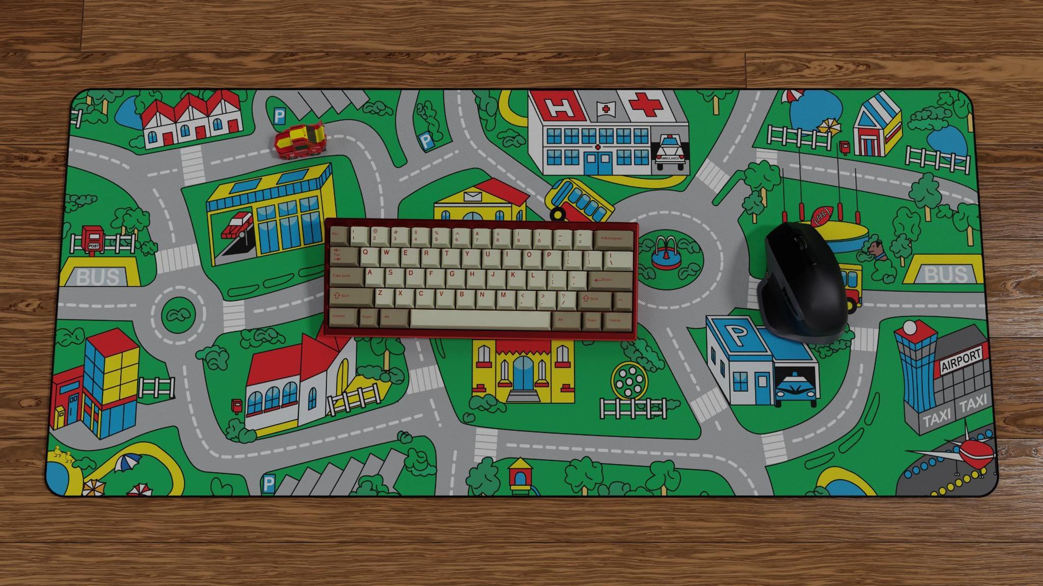 Busy Town Deskmat (IC) - Deskmats & Accessories interest check cover image featuring Busy Town, deskmat, nostalgia, 90s city rug, hot wheels, vibrant colours, Mekibo, Apex Keyboards, Fancy Customs, MyKeyboard.eu, Protozoa, Hex Keyboards, Daily Clack, Sand Keys
