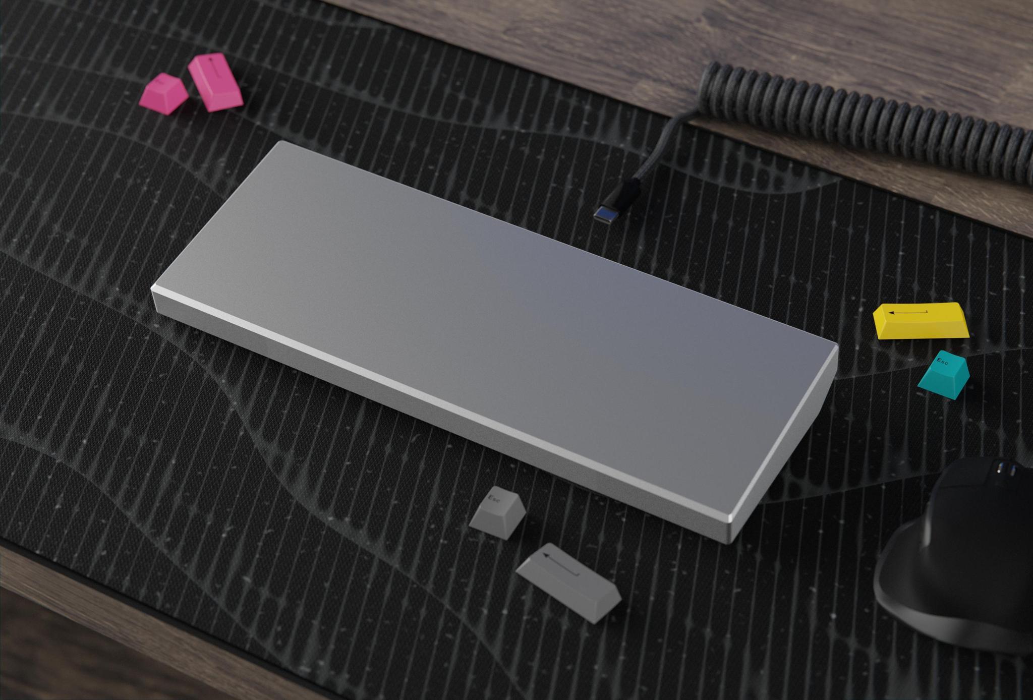 NoBoard (IC) - Keyboard interest check cover image featuring NoBoard, 0% Keyboard, minimalism, Quadrum Labs, design, prototype, aluminum, low profile