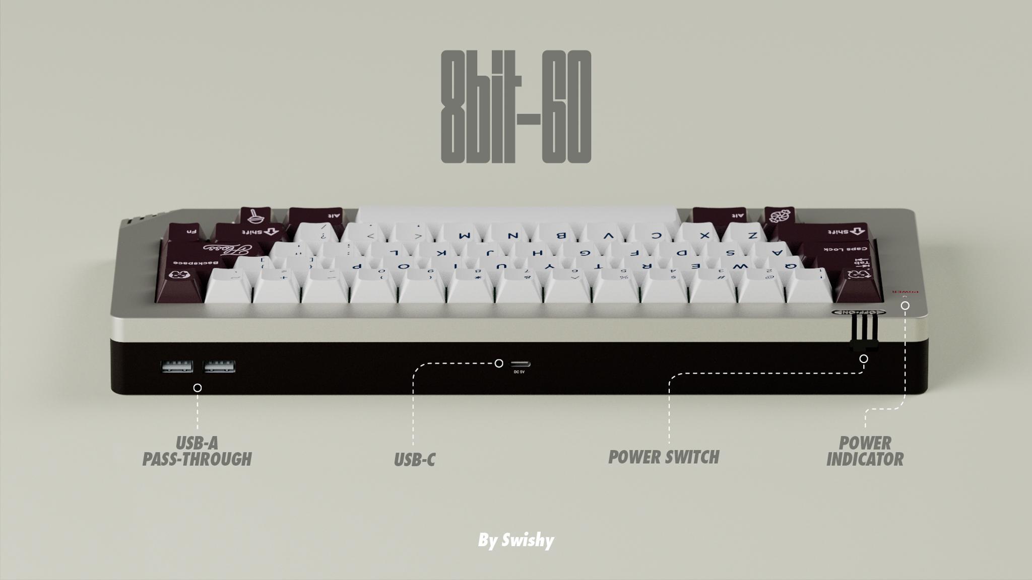 8-Bit 60 (IC) - Keyboard interest check cover image featuring 8-Bit 60, retro gaming, wireless connectivity, USB hub, Bluetooth, power switch, PCB, portable gaming systems, feedback, magnets, community