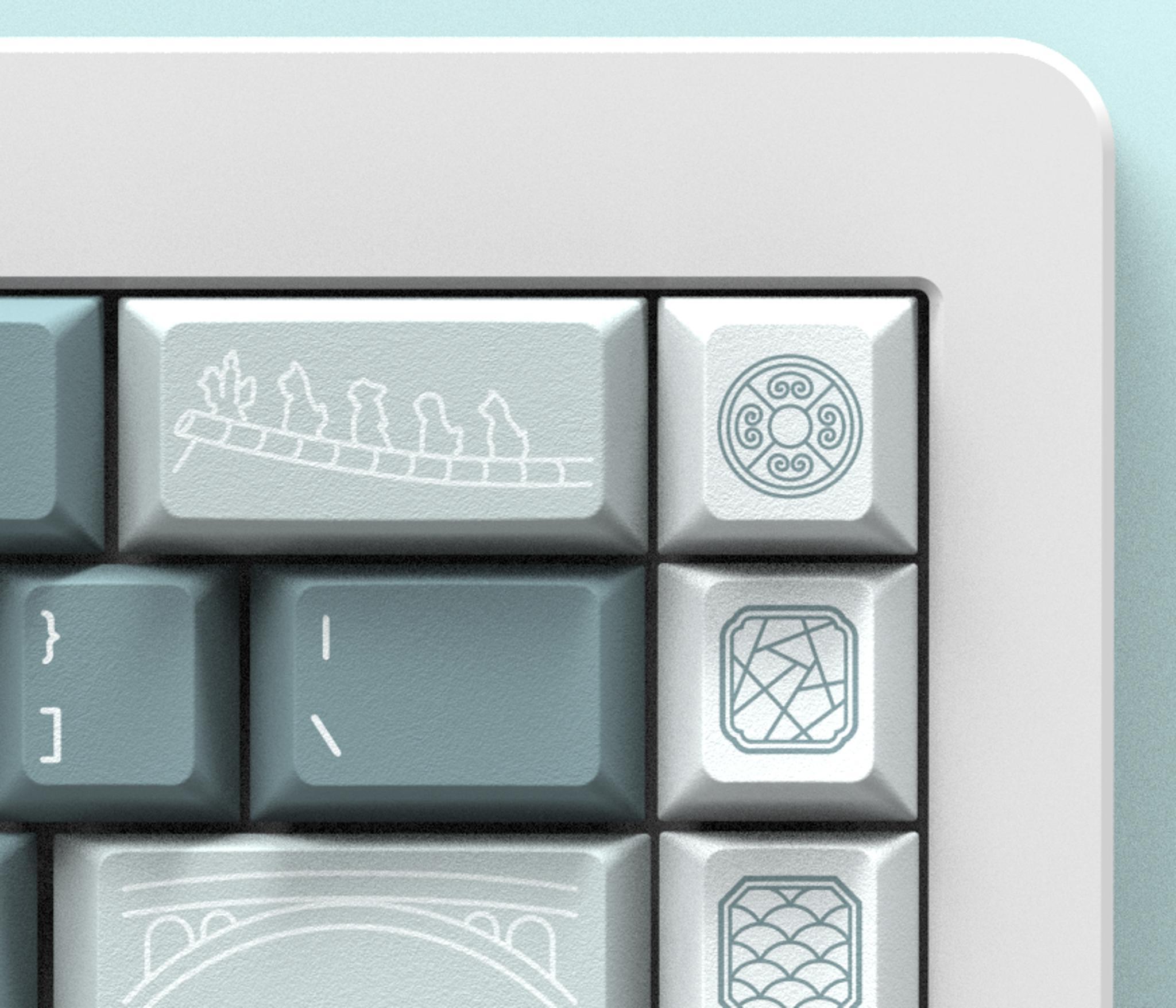 Domikey 昔时 (GB) - Keycap group buy cover image featuring Domikey, keycap set, traditional culture, Chinese design, Suzhou, ancient architecture