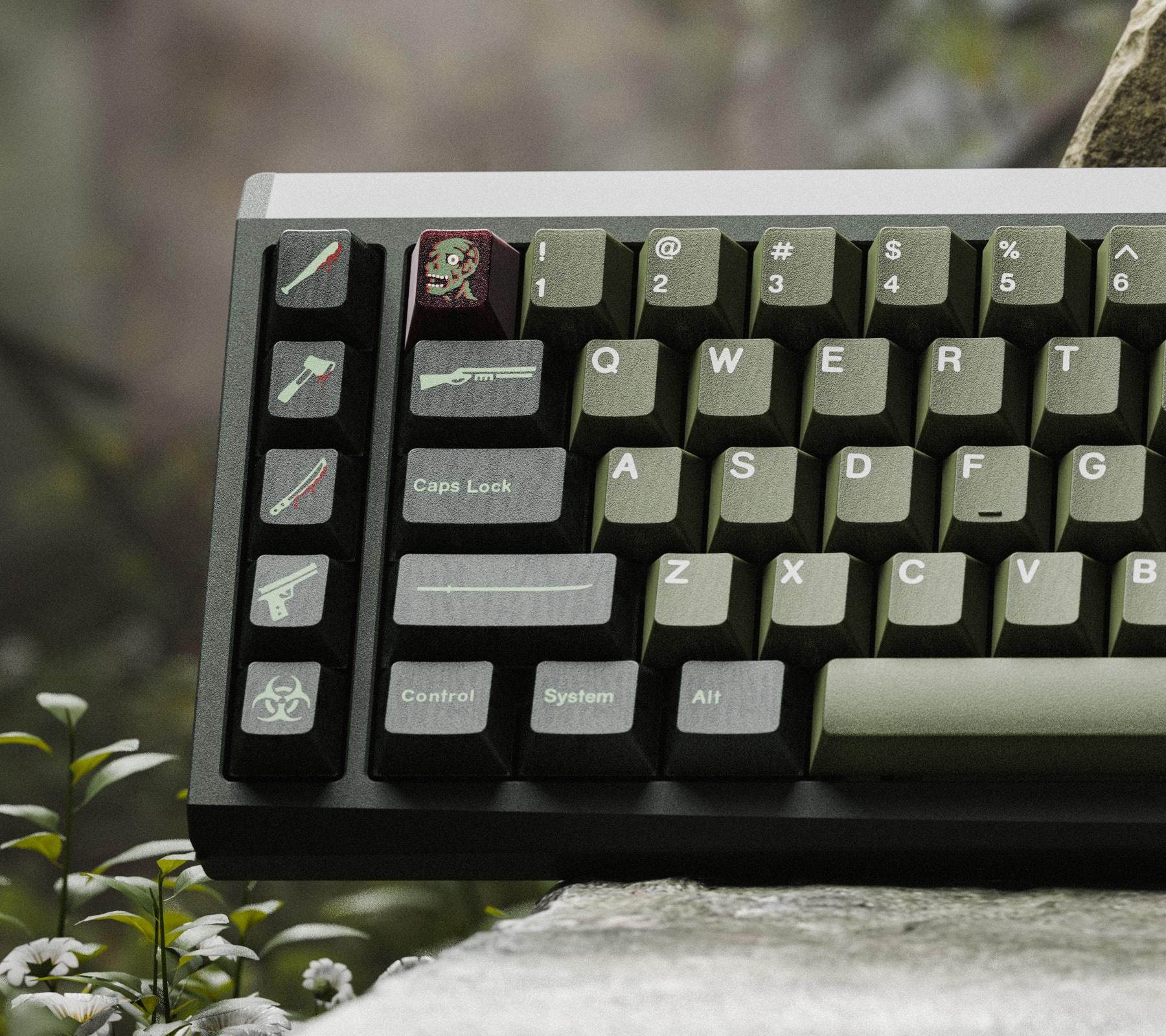 GMK CYL Zombie (IC) - Keycap interest check cover image featuring GMK, keycaps, Halloween, zombie, artisan, boba.types, spooky, double-shot, UV-print